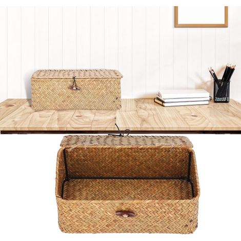 Panier de Rangement en Fibre Naturelle Tressé avec Couvercle - Organisateur de Bureau Rectangulaire (1/5)
