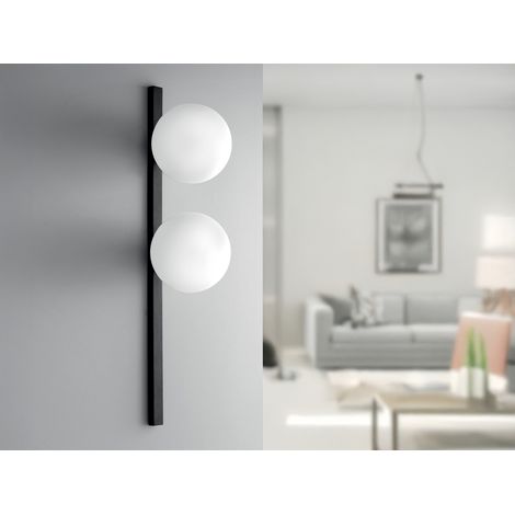 LED Wandleuchte 2-flammig Schwarz mit Glaskugeln in Opalweiß, Höhe 60cm