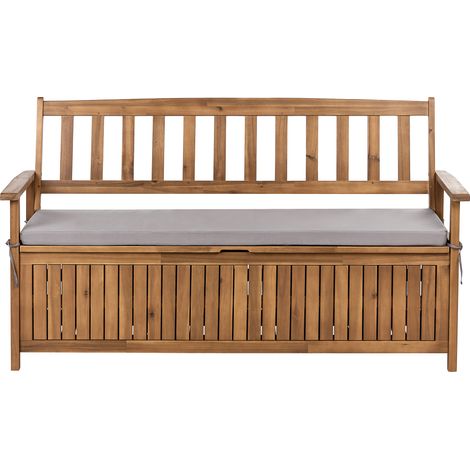 Banco de jardín con almacenaje de madera maciza de acacia rústico 160 cm con cojín de olefina gris Sovana (1/5)