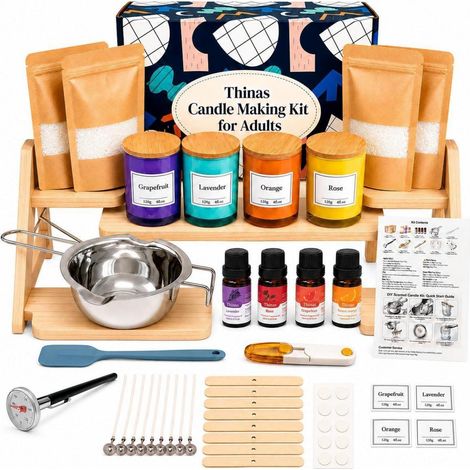 Kit de fabrication de bougies avec cire de soja, 4 huiles parfumées et bocaux (1/4)