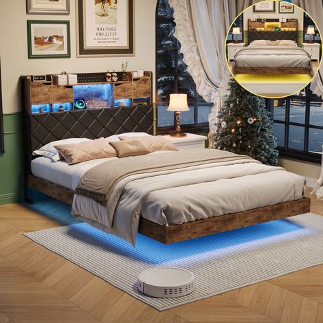 Bett 160x200cm,Floating Bed Frame mit LED-Beleuchtung und USB/Type-C,Polsterbett Doppelbett Jugendbett mit Lattenrost,PU-Gewebe,Schwarz