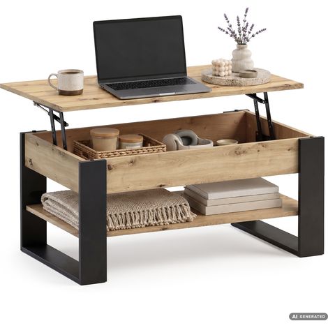 Mesa de centro elevable DENVER 92 cm rectangular con estante Roble Artisan patas negras