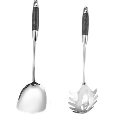 Cuillère À Sauce - Fourchette À Servir - En Acier Inoxydable 304 - Finition Miroir - Poignée En Bois D'ébène Naturel - Pour Cuisine Professionnelle Et Domestique - 2 Pièces (1/5)