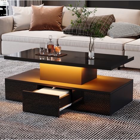 Tavolino da caffè 100x50x39 cm nero in pannello truciolare con LED dimmerabile, vano a giorno e 1 cassetto (1/5)