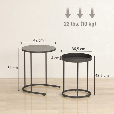 Set de 2 tables basses gigognes en métal gris, plateaux empilables pour salon, design moderne et compact. (1/5)