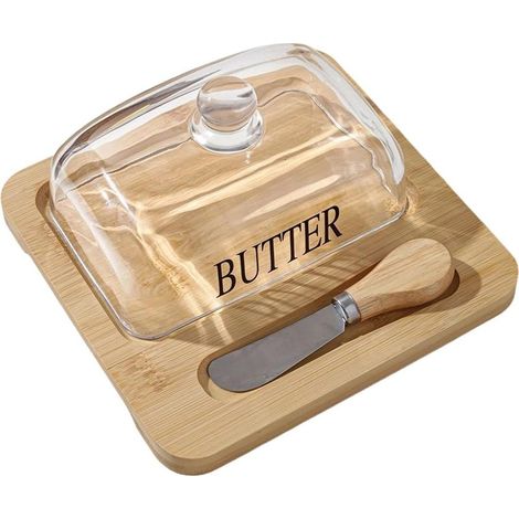 Beurrier Plateau de service en verre avec couvercle – Beurrier avec couteau, idéal pour le plan de travail, la table à manger, le petit-déjeuner, les pique-niques, les terrasses, les cafés et les bou (1/5)