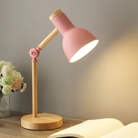1 Lampe de table, Bois, Bras pivotants, Douille E27, Métal, Rose, Bureau, Chevet, Lecture (1/4)