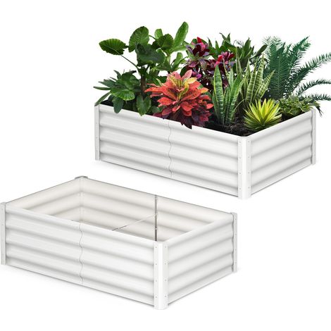 Lot de 2 bacs à fleurs en acier, jardinières rectangulaires extensionérieures, gants inclus, fond ouvert, Blanc, 1809030cm (1/5)