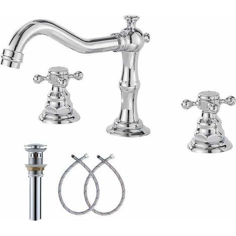 Robinet mitigeur de lavabo chromé à 2 poignées – Installation 3 trous 8-16 pouces – Bec aéré pour économie d'eau – Laiton résistant à la corrosion (1/4)