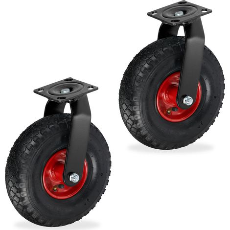 Relaxdays Set 2 Ruote girevoli pneumatiche 3.00-4, 120 kg, Piastra da avvitare, Nero-Rosso 26x26x31 cm (1/5)