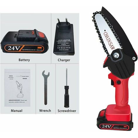 Mini tronçonneuse 24V - Scie à bois rechargeable sans fil (rouge) (1/3)
