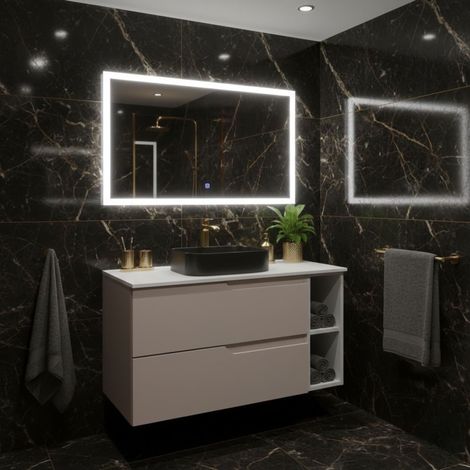 Meuble de salle de bain suspendu 100 cm, beige et blanc, plan de toilette, 2 tiroirs et étagère latérale, sans vasque – MODERN