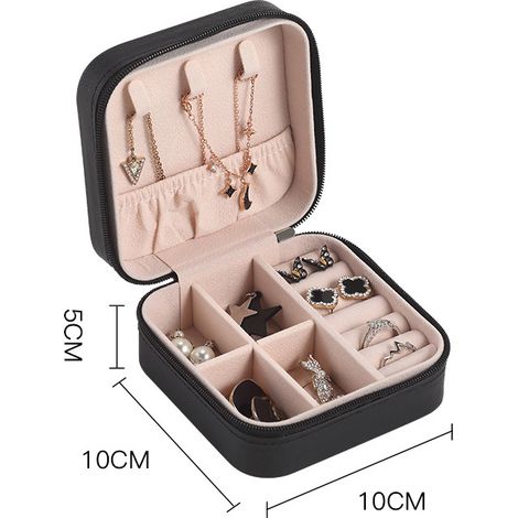Boîte à bijoux portable, idéale pour bagues, boucles d'oreilles, colliers et puces d'oreilles. Disponible sur Amazon. Noire. 10 x 10 x 5 cm. (1/5)