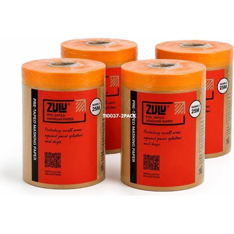 Zulu Pre-Taped Masking Paper 180mm x 25m - Heavy Duty with Adhesive Tape Paint Protection for Decorating Painting DIY, 4 Pack