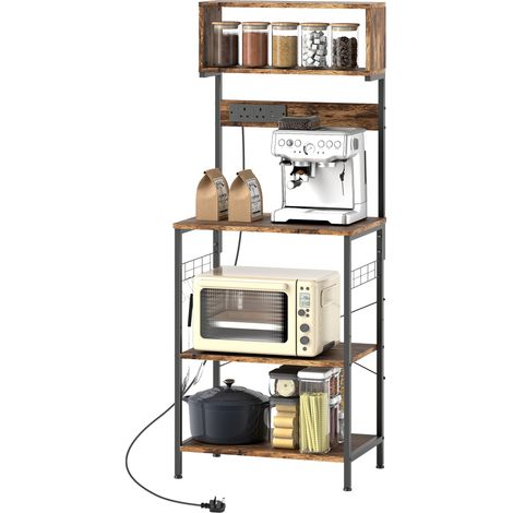 Kitchen Storage Rack, Bakers Rack Power Outlet, USB Charger, Rustic Brown (1/5)