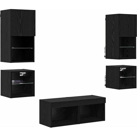 Mobile TV moderno da parete 30,5 x 30 x 60 cm con illuminazione a LED e 8 ripiani design contemporaneo in legno ingegnerizzato nero 020056084