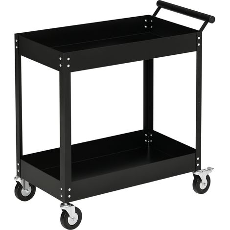 Chariot d'atelier servante atelier à 2 niveaux, poignée latérale et roulettes verrouillables, 84,5x38x84cm, noir (1/5)