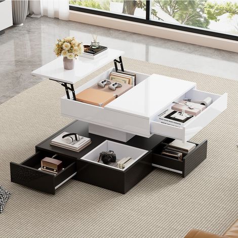 Table Basse Relevable et Rotative - 70x70x40cm - Plateau Brillant Pivotant 360° et 3 Tiroirs - Blanc et Noir (1/5)