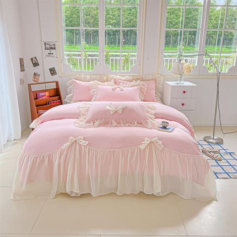 Parure de lit en Dentelle pour Fille, Housse de Couette à Volants avec nœud, Style Princesse 1 Housse de Couette avec 2 taies d'oreiller, sans Couette, Rose pour Grand lit (1/5)