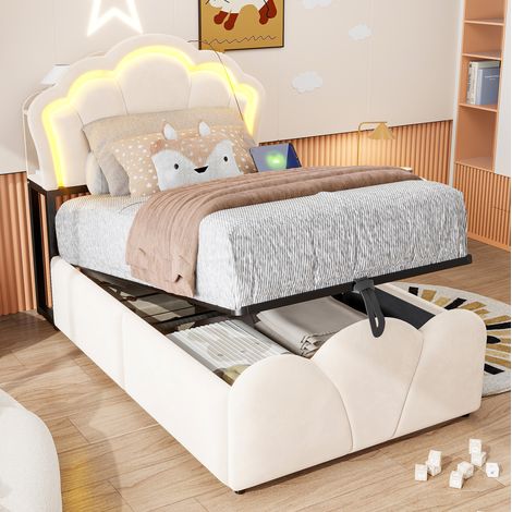 Lit coffre 90x200 cm en velours beige, gain de place pour chambre, sans matelas FloraGrace (1/5)