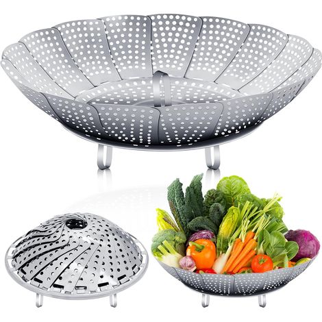 Cesta vaporera de acero inoxidable de 27 cm, plegable, ajustable, con patas antideslizantes y compatible con todo tipo de cocinas. (1/4)