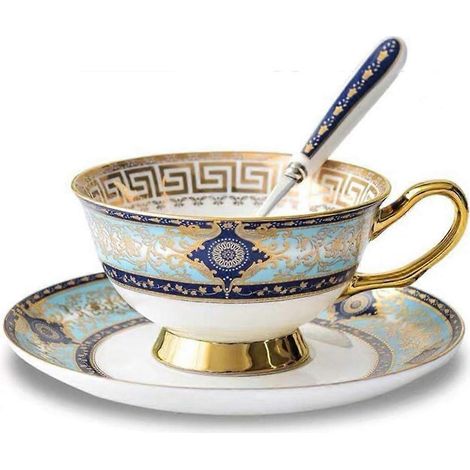 Ensemble tasse et soucoupe style européen, tasse à thé/café en porcelaine fine, bleu ciel, idéal pour le petit-déjeuner et la cuisine. (1/4)