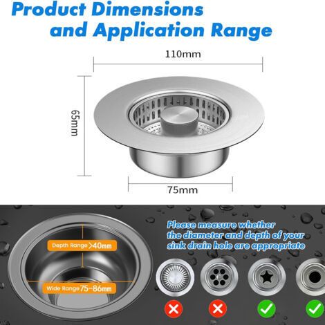 NALOOKAMIC Lot de 2 filtre d'évier de cuisine et bouchon de lavabo pour une profondeur 40 mm, trou d'évier 75-86 mm, 3 en 1 Pop-Up Bouchon de vidange en acier inoxydable