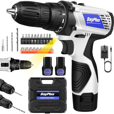 Mini perceuse électrique sans fil / jeu de tournevis, comprenant 2 batteries lithium-ion, tournevis électrique 12V, avec lampe de travail à LED, couple maximal 45 nm, mandrin sans clé 3/8 pouce, 18 + (1/5)