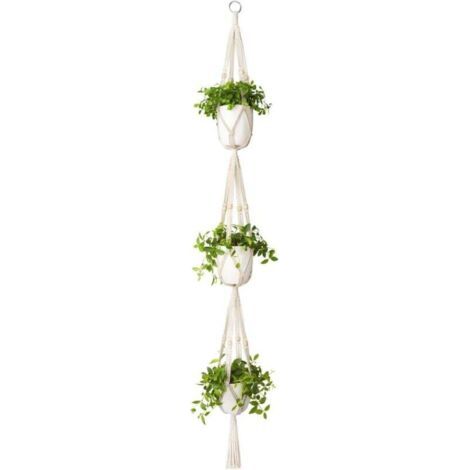 Pair Makramee-Pflanzenampel, 3-stufig, für drinnen und draußen, aus Baumwollseil mit Perlen, 177 cm