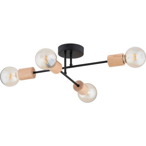 Alfa LA-STENA Minimalist Loft Ceiling Light 4x E27, Black Metal & Light Wood, 15W Max per Bulb, Modern Flush Mount Lamp for Living Room, 41x52x17 cm indoor lighting