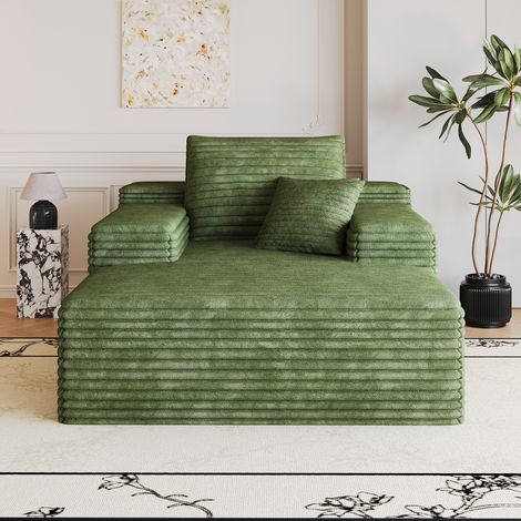 Canapé moelleux en velours côtelé (115 x 159 cm), assise spacieuse, causeuse modulable sans cadre, garnissage mousse, prêt à l'emploi, canapé compact pour séjour, chambre ou studio, teinte verte (1/5)