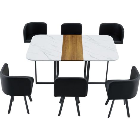 Mesa y 6 sillas de comedor 7 piezas, tablero de melamina, PU, estructura de hierro negra (1/5)