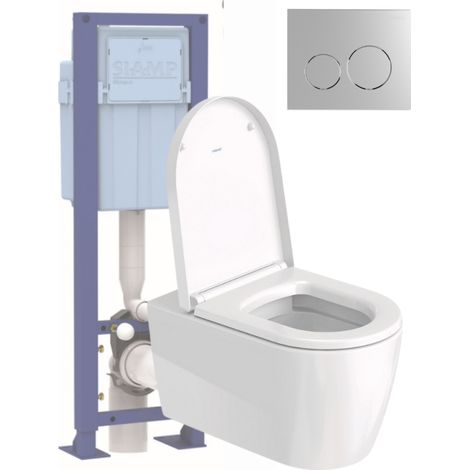 Pack inodoro suspendido sin borde DURAVIT Me de Starck con asiento anticaída + estructura soporte SIAMP + mando cromado