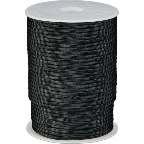 Relaxdays Corda in Nylon 4 mm, 80 m, Cordino Paracord di Tipo 3, 9 Fili Interni + 32 fili esterni, fino a 250 kg, Nero