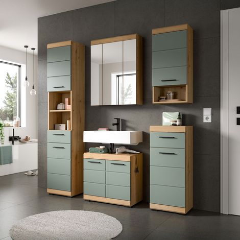 Ensemble 4 meubles + armoire de toilette chêne brun et kaki - OLBO