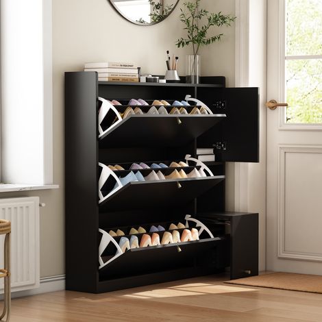 Meuble à chaussures 119x24x122cm - 3 portes rabattables - avec banc rabattable - avec une porte - noir (1/5)