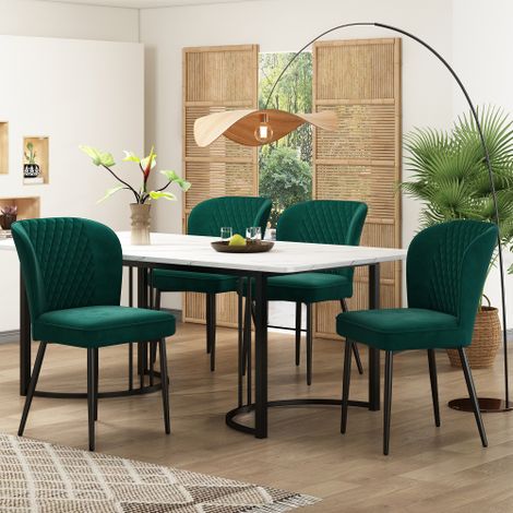Ensemble de salle à manger (table 140×80×75 cm avec 4 chaises), ensemble de cuisine moderne, chaises de salle à manger en velours vert foncé, chaise design rembourrée avec dossier, plateau en MDF blan (1/5)