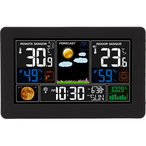 Horloge météo multifonction avec grand écran couleur, affichage de la température, de l'humidité et de la pression atmosphérique, pour l'intérieur et l'extérieur. Prise UE 100-240 V. (1/5)