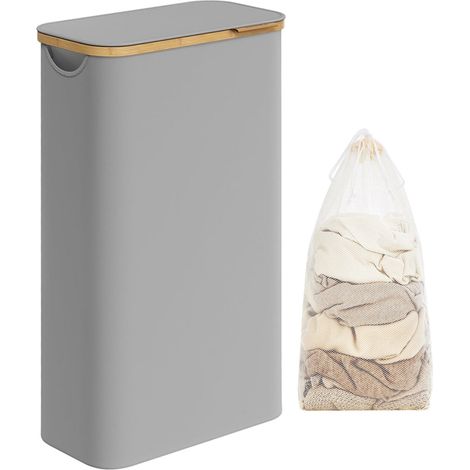 Cesto portabiancheria sottile con coperchio 65 litri salvaspazio fodera in rete rimovibile tessuto Oxford manici in bambù pieghevole grigio 120006718