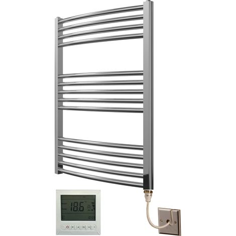 Extra High Heat Output Chrome Electric Towel Rail 600 x 800mm Curved Bathroom Radiator Heater + 7 Day Timer/Thermostat (1/4)