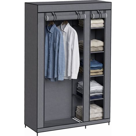 Armoire mobile en tissu avec tringle et 5 compartiments de rangement, grise (1/5)