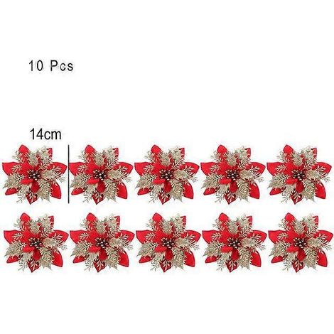 10/5/1 pièces de fleurs de Noël rouges à paillettes pour décorations de sapin, décorations de table et accessoires de fête (doré/rouge) - 10 pièces (1/5)