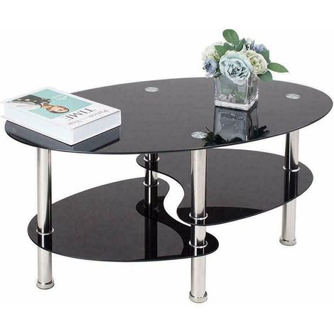 Hofuton Table Basse Table de Salon en Verre Ovale avec Pieds Chromés Noir (1/5)