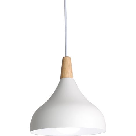 Lampe à suspension en métal rond simple et moderne nordique , Plafonnier E27 Iuminaires finition bois pour salon cuisine chambre à coucher (Blanc) (1/5)