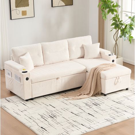 Divano angolare letto da 3 posti in velluto a coste (panno) beige con vano portaoggetti, portabicchieri e USB-C (1/5)