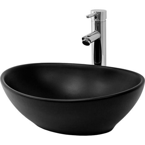 ML-Design Waschbecken aus Keramik in Schwarz Matt 41x33,5x14,5cm, Ovale Aufsatzwaschbecken, Moderne Waschtisch, Waschschale mit Abflussloch, Waschplatz Handwaschbecken, für das Badezimmer und Gäste-WC