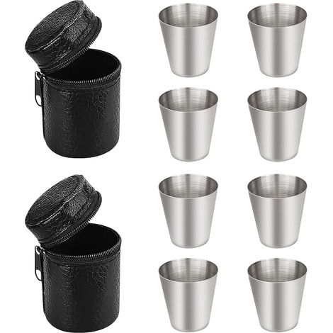 8 pièces Portable Shooter Verre à Liqueur, Mini Tasse à Bière,Verre à Shot en Acier Inoxydable,Mini Metal Gobelets,Empilables Gobelet Inox Gobelet avec étui en Cuir pour Voyage Extérieur (1/5)