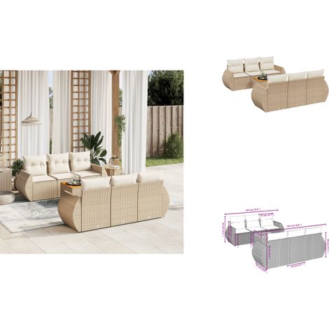 7-tlg. Garten-Sofagarnitur mit Kissen Beige Poly Rattan - Gartenmöbel Set - PE-Rattan Möbel - Outdoor Lounge - Esstisch Set - Balkonmöbel (1/3)