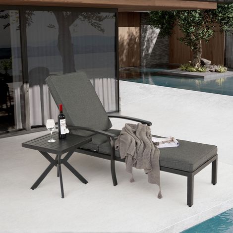 Chaise longue de jardin inclinable en aluminium antirouille avec grand coussin épais en coton imperméable pour piscine, Gris (1/5)