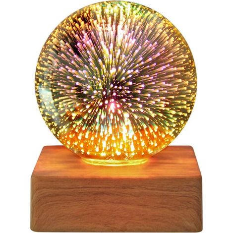 Veilleuse LED Boule de Cristal 3D, Veilleuse Feu d'Artifice LED, Lampe de Bureau Romantique, Boule de Verre Cristal Magique, Lampe Décorative avec Socle Bois (1/4)